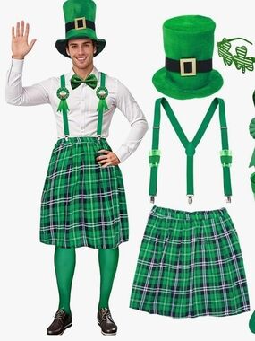 Men's Green Plaid St Patricks Day Costume with Hat & Suspenders